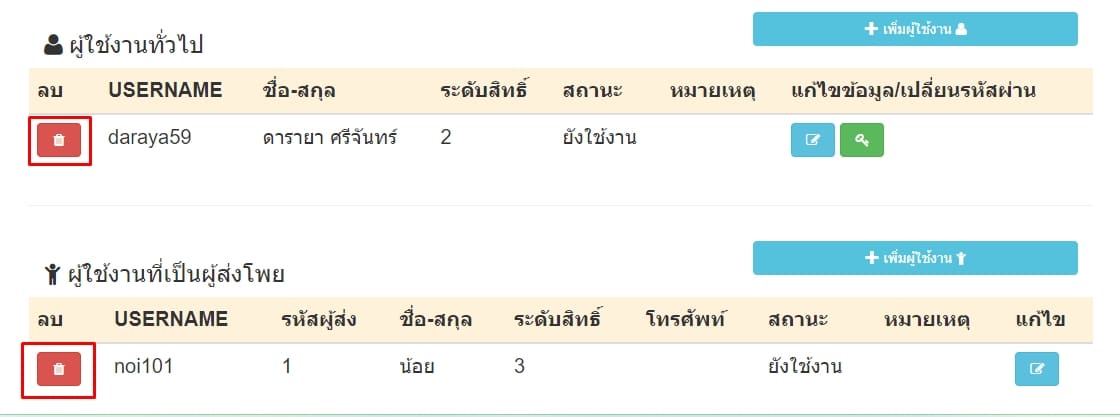 กดปุ่มลบข้อมูลผู้ส่งโพย