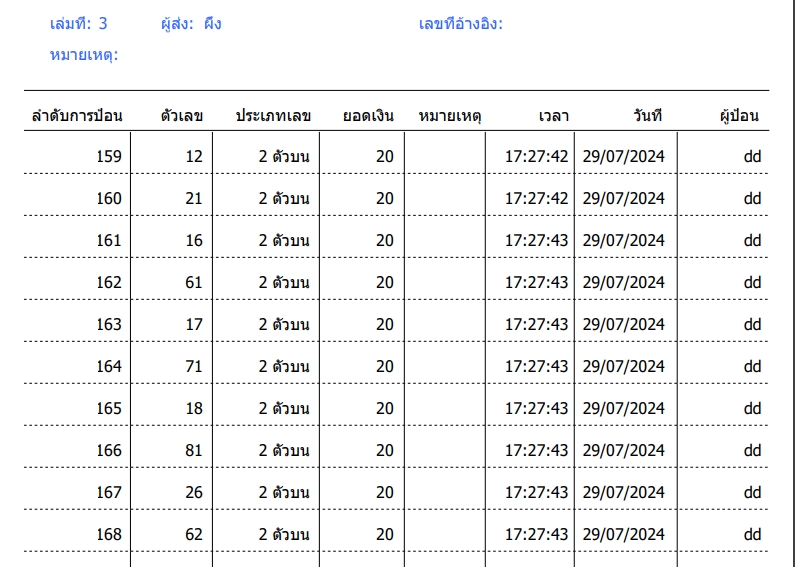 ตัวอย่างรายงานเลขวิน2ตัวบน